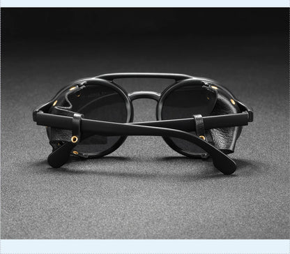 KDEAM Vintage Round Sunglasses Men Women Leather Shield Sun Glasses  Twin Bridge Designed Shade KD179