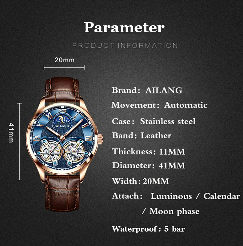 AILANG Double Tourbillon Design Business Men Mechanical Watch Fashion Leather Moon Phase Automatic Watches for Men Reloj Hombre