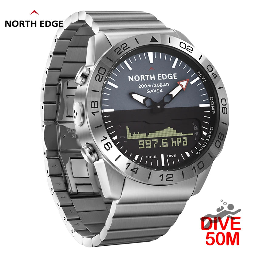 Stainless steel Men Quartz Watch Dive Sport Watches Waterproof 200M Analog Digital Watch Altimeter Barometer Compass NORTH EDGE
