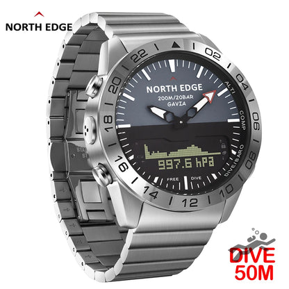 Stainless steel Men Quartz Watch Dive Sport Watches Waterproof 200M Analog Digital Watch Altimeter Barometer Compass NORTH EDGE