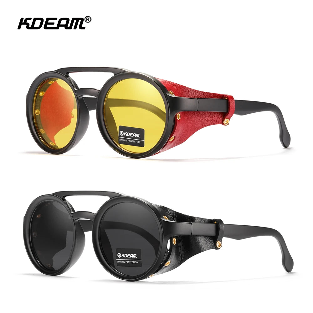 KDEAM Vintage Round Sunglasses Men Women Leather Shield Sun Glasses  Twin Bridge Designed Shade KD179