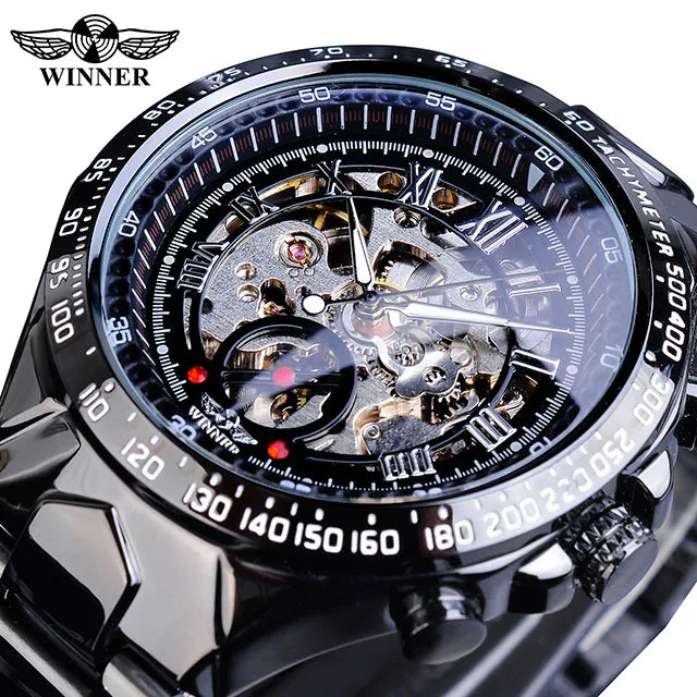 Zegarek męski Winner – sportowy design, wykończona ramka, modny styl, prestiżowa marka, zegarek automatyczny z widocznym mechanizmem (skeletowy)