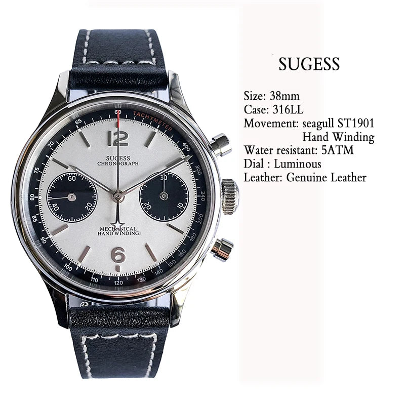 Sugess 1963 Pilot Watch Men Mechanical Chronograph Panda Wristwatch Air Force Sapphire Waterproof for Seagull Movement ST1901 v3