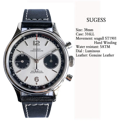 Sugess 1963 Pilot Watch Men Mechanical Chronograph Panda Wristwatch Air Force Sapphire Waterproof for Seagull Movement ST1901 v3