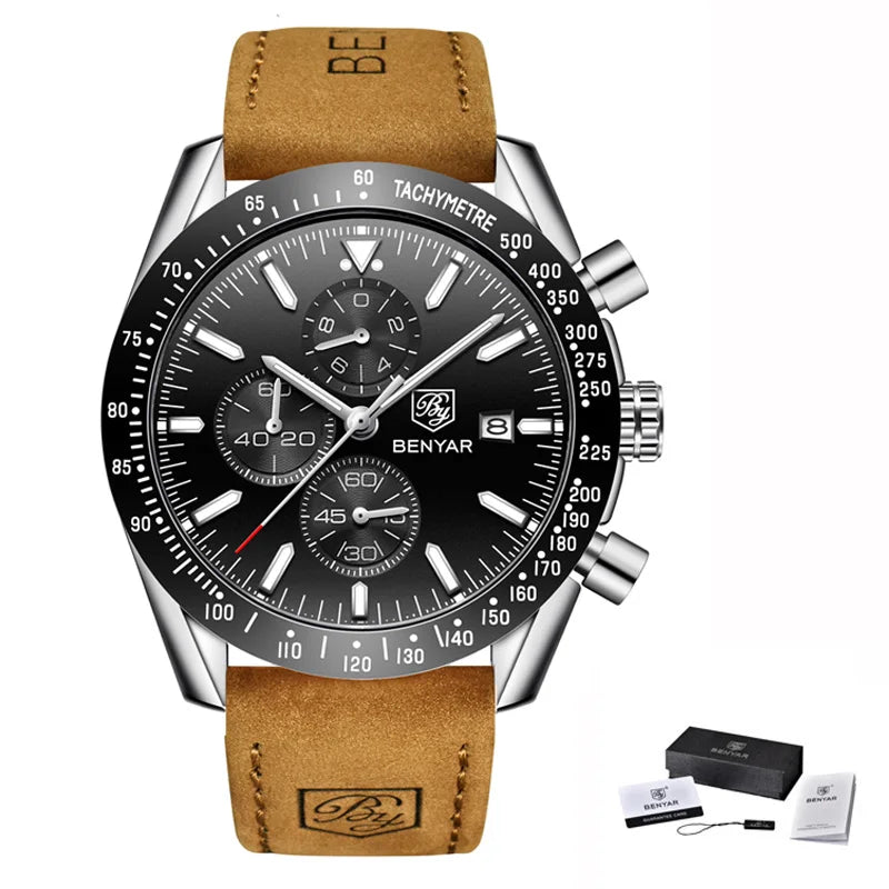 BENYAR Luxusuhren für Herren – Quarz-Armbanduhren mit Lederarmband, wasserdicht bis 30 m, sportlicher Stil.
