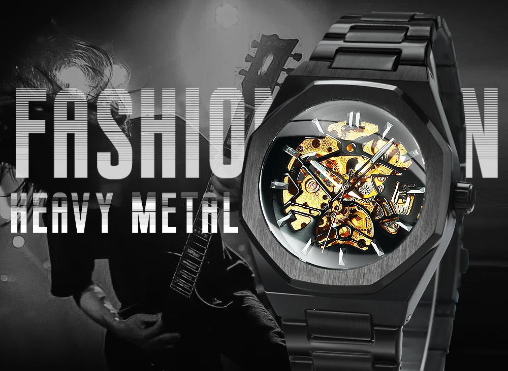 WINNER Black Gold Skeleton Mechanical Watches for Men Fashion irregular Automatic Watch Luxury Brand Stainless Steel Strap 2023