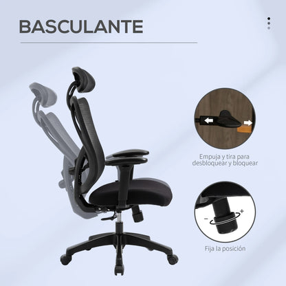 Vinsetto Ergonomic Swivel Office Chair with Adjustable Headrest, 2D Armrests, Lumbar Support, Height Adjustable Mesh Office Chair, Black