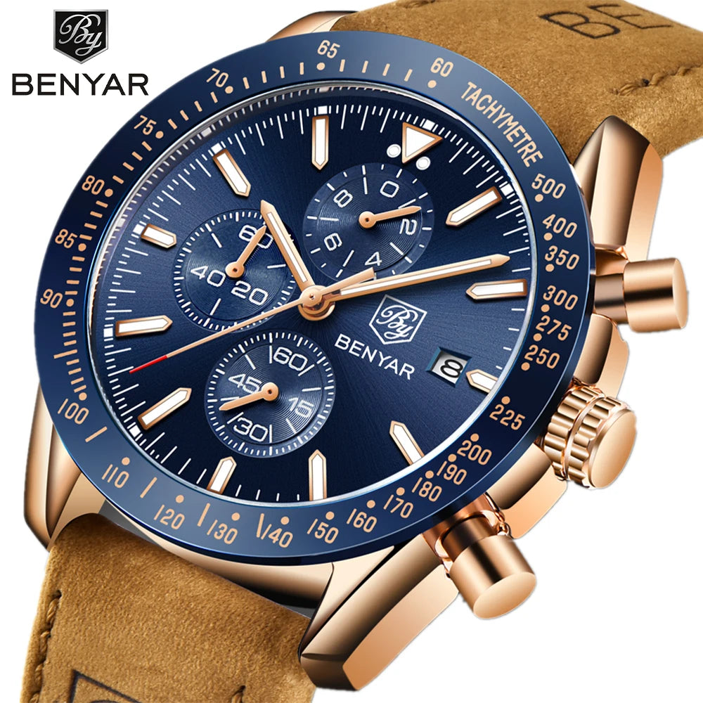 BENYAR Luxusuhren für Herren – Quarz-Armbanduhren mit Lederarmband, wasserdicht bis 30 m, sportlicher Stil.