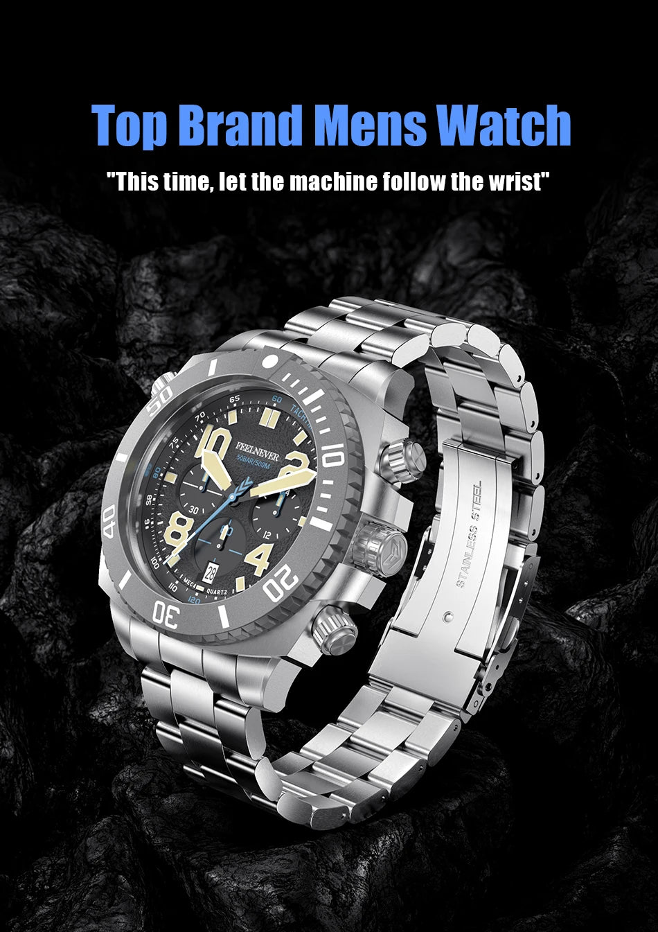 FeelNever Sport Automatic Movement Quartz Watch Stainless Steel Sapphire Crystal Watches for Men 500M Waterproof Clocks Watch for Men