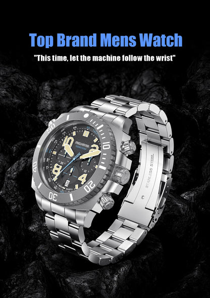 FeelNever Sport Automatic Movement Quartz Watch Stainless Steel Sapphire Crystal Watches for Men 500M Waterproof Clocks Watch for Men