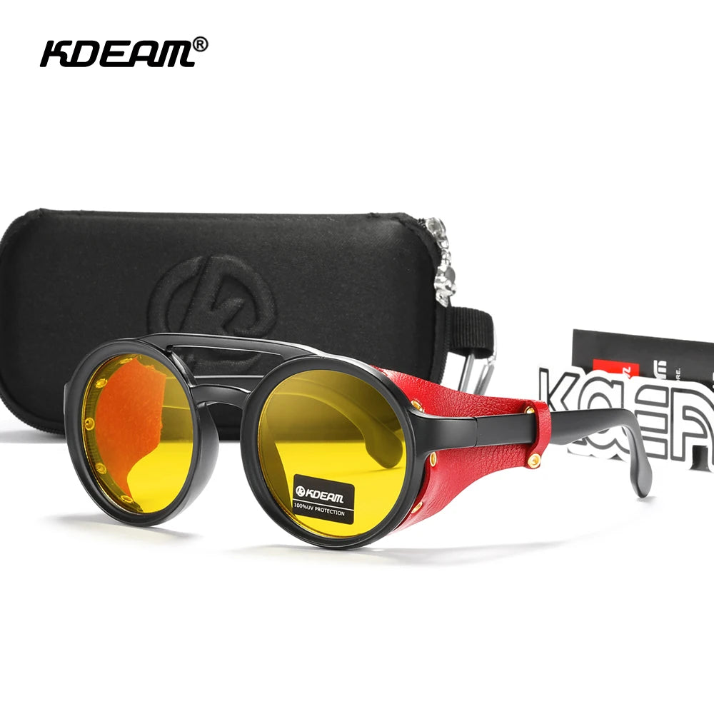 KDEAM Vintage Round Sunglasses Men Women Leather Shield Sun Glasses  Twin Bridge Designed Shade KD179