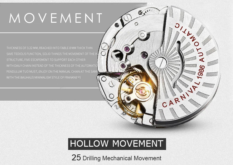 Carnival Brand Automatic Watch, Fashion Luxury Waterproof Calendar with Moon Phase, Mechanical Watches for Men