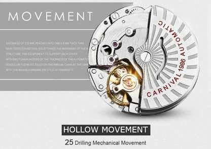 Carnival Brand Automatic Watch, Fashion Luxury Waterproof Calendar with Moon Phase, Mechanical Watches for Men