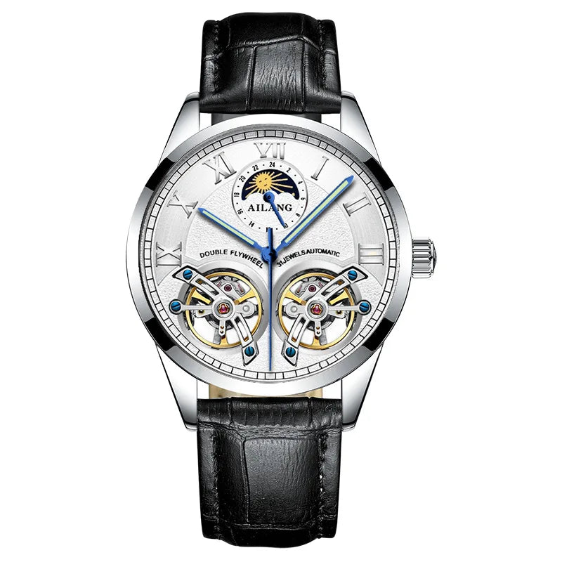 AILANG Double Tourbillon Design Business Men Mechanical Watch Fashion Leather Moon Phase Automatic Watches for Men Reloj Hombre
