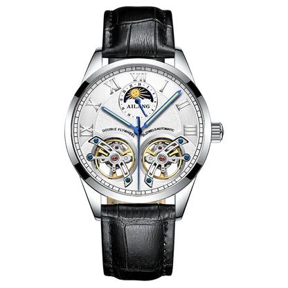 AILANG Double Tourbillon Design Business Men Mechanical Watch Fashion Leather Moon Phase Automatic Watches for Men Reloj Hombre