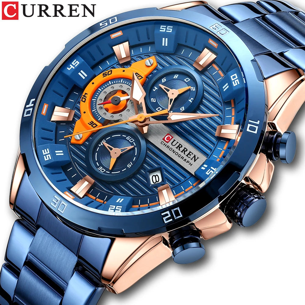 Herrenuhr CURREN – Sportlicher Luxus-Chronograph, Quarzwerk, komplett aus Edelstahl, wasserdicht