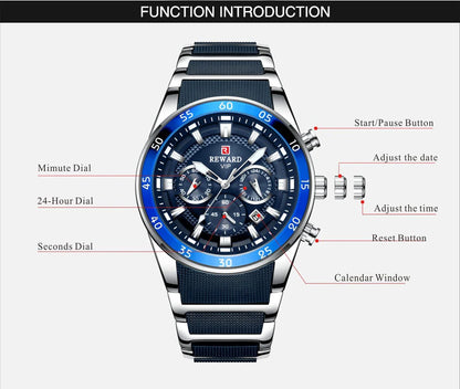REWARD Big Dial Mens Watches Top Luxury Brand Sport Waterproof Watch Men Chronograph Quartz Clock Automatic Date WristWatches