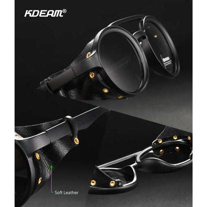 KDEAM Vintage Round Sunglasses Men Women Leather Shield Sun Glasses  Twin Bridge Designed Shade KD179