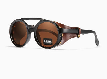 KDEAM Vintage Round Sunglasses Men Women Leather Shield Sun Glasses  Twin Bridge Designed Shade KD179