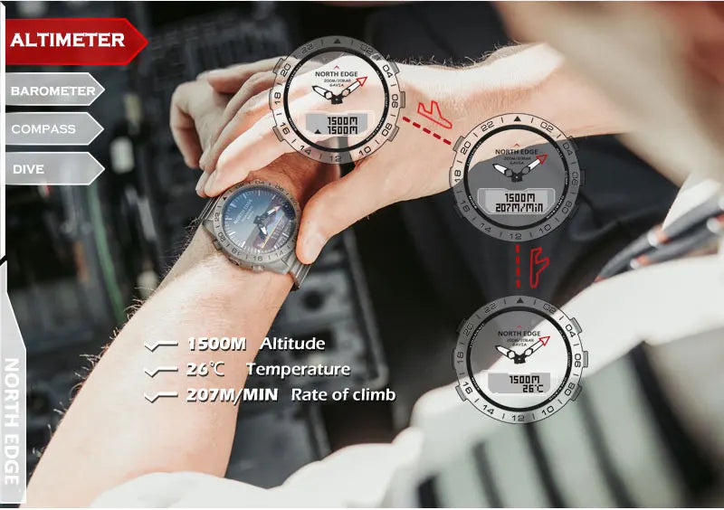 Stainless steel Men Quartz Watch Dive Sport Watches Waterproof 200M Analog Digital Watch Altimeter Barometer Compass NORTH EDGE