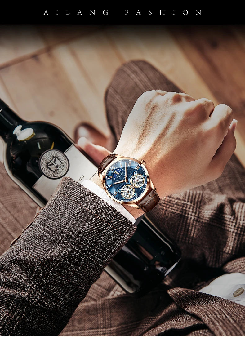 AILANG Double Tourbillon Design Business Men Mechanical Watch Fashion Leather Moon Phase Automatic Watches for Men Reloj Hombre