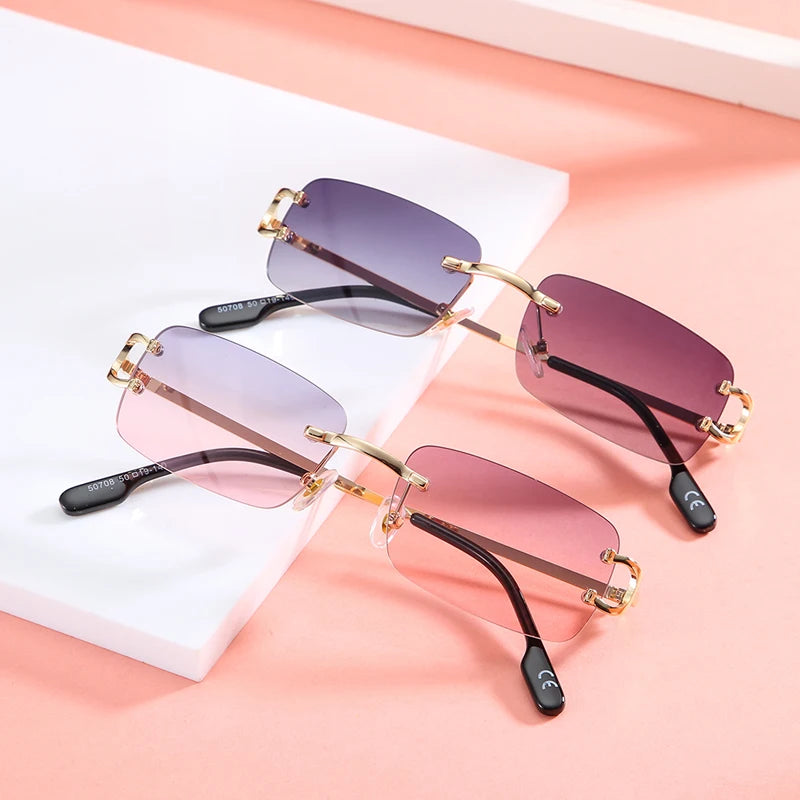 Kachawoo retro rectangular sunglasses rimless male female uv400 small sun glasses fashion blue pink gold metal birthday gifts