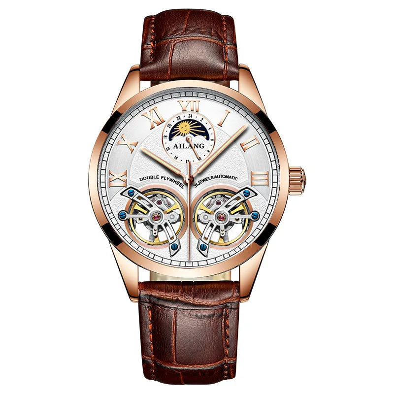 AILANG Double Tourbillon Design Business Men Mechanical Watch Fashion Leather Moon Phase Automatic Watches for Men Reloj Hombre