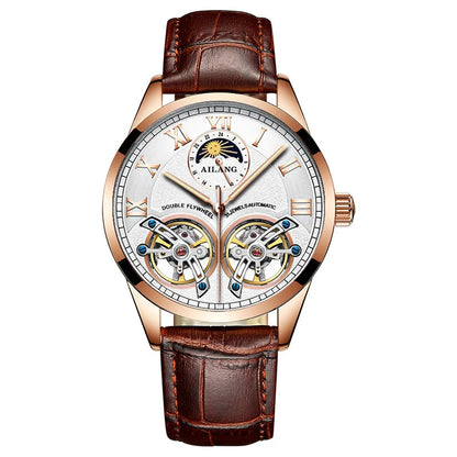 AILANG Double Tourbillon Design Business Men Mechanical Watch Fashion Leather Moon Phase Automatic Watches for Men Reloj Hombre
