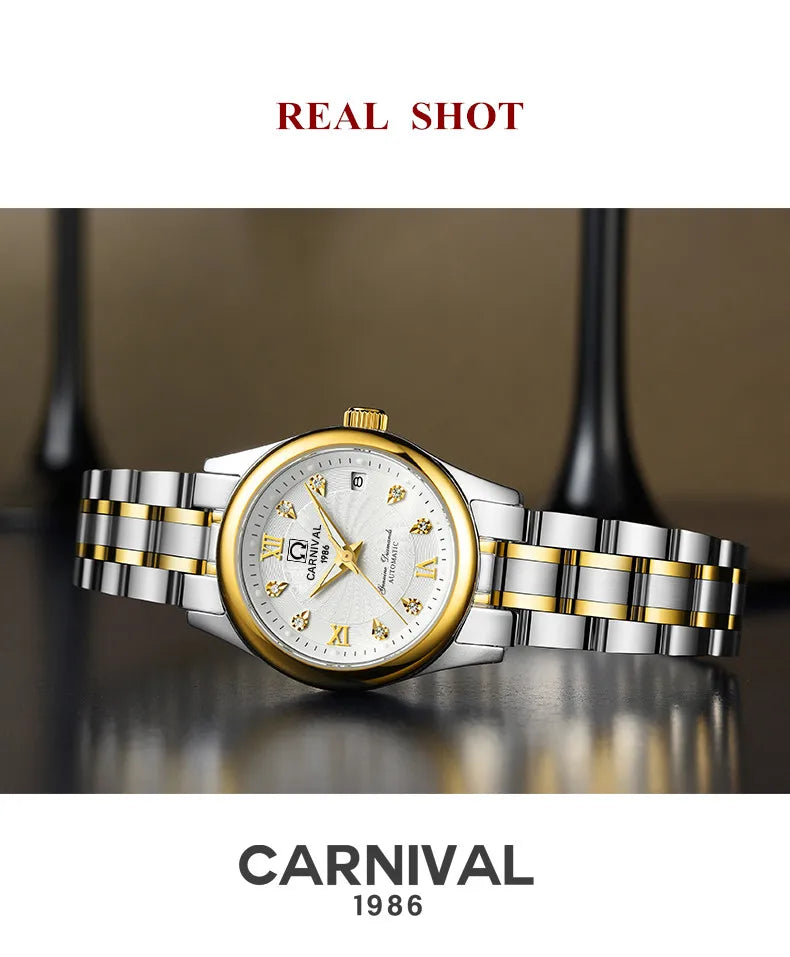 Relógio mecânico de luxo CARNIVAL para mulher, com movimento automático em safira, impermeável, relógio de pulso feminino elegante
