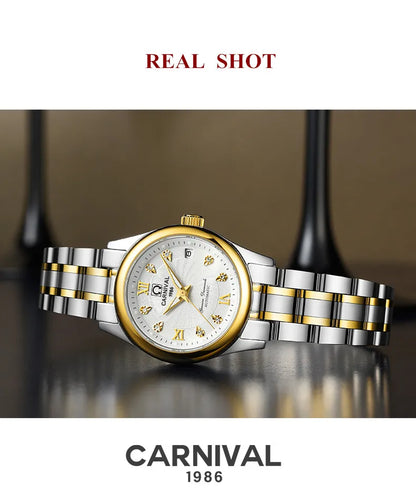 Relógio mecânico de luxo CARNIVAL para mulher, com movimento automático em safira, impermeável, relógio de pulso feminino elegante