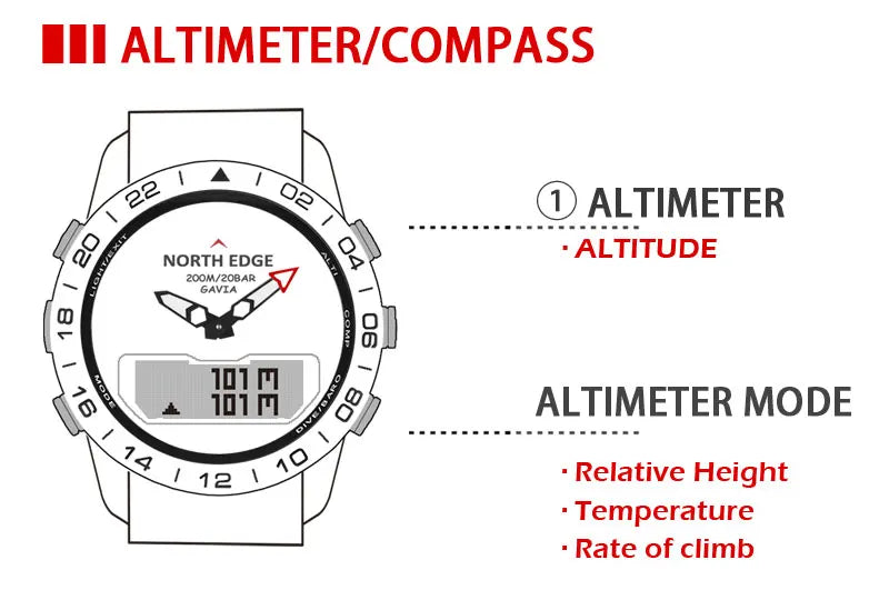 Stainless steel Men Quartz Watch Dive Sport Watches Waterproof 200M Analog Digital Watch Altimeter Barometer Compass NORTH EDGE