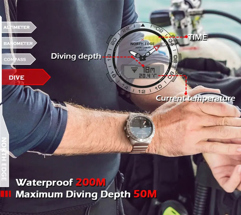 Stainless steel Men Quartz Watch Dive Sport Watches Waterproof 200M Analog Digital Watch Altimeter Barometer Compass NORTH EDGE