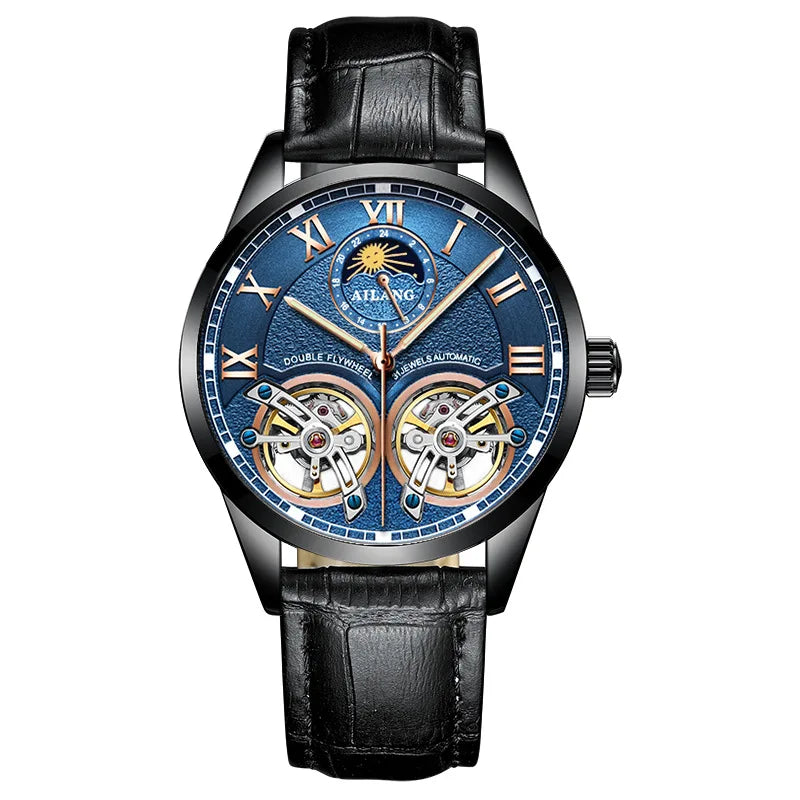 AILANG Double Tourbillon Design Business Men Mechanical Watch Fashion Leather Moon Phase Automatic Watches for Men Reloj Hombre