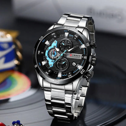 Herrenuhr CURREN – Sportlicher Luxus-Chronograph, Quarzwerk, komplett aus Edelstahl, wasserdicht