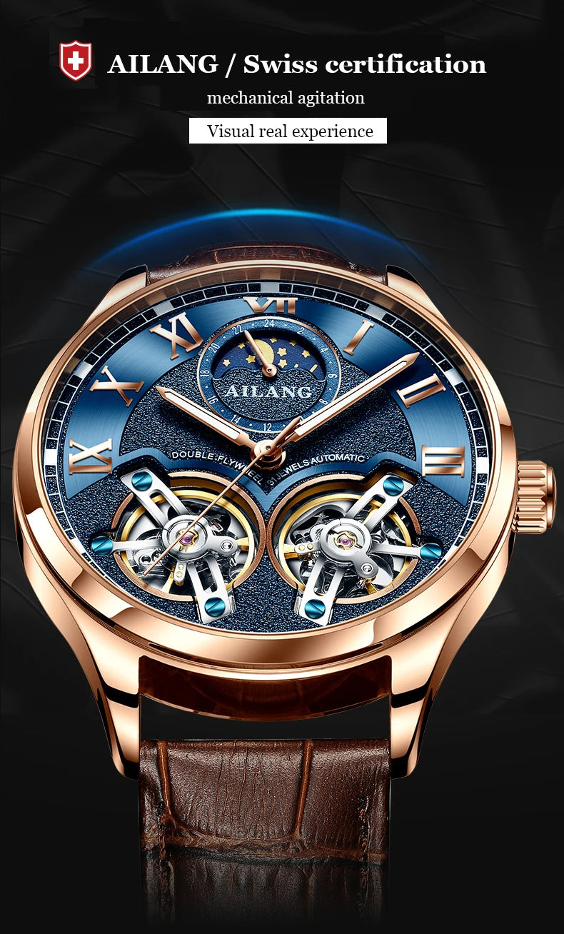 AILANG Double Tourbillon Design Business Men Mechanical Watch Fashion Leather Moon Phase Automatic Watches for Men Reloj Hombre