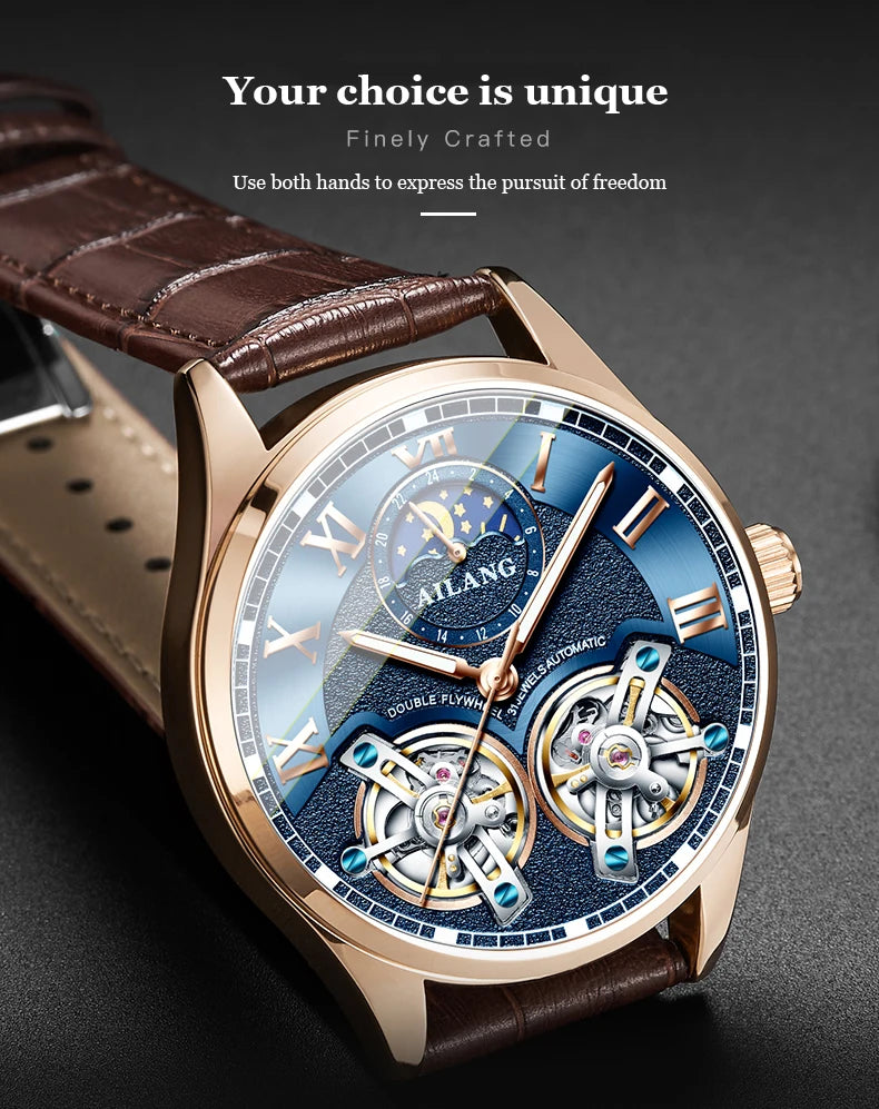 AILANG Double Tourbillon Design Business Men Mechanical Watch Fashion Leather Moon Phase Automatic Watches for Men Reloj Hombre