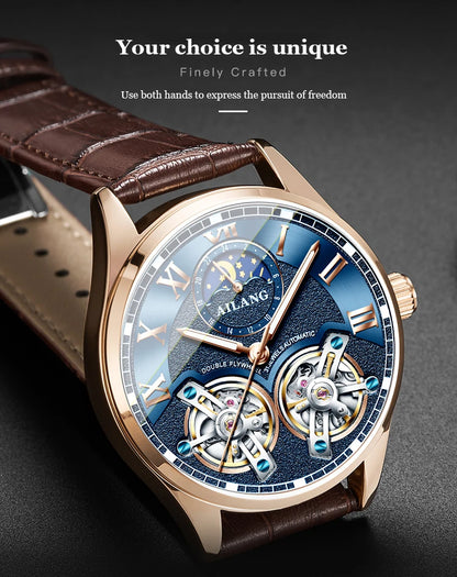 AILANG Double Tourbillon Design Business Men Mechanical Watch Fashion Leather Moon Phase Automatic Watches for Men Reloj Hombre