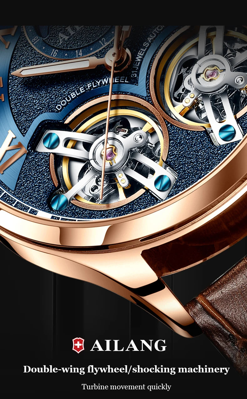 AILANG Double Tourbillon Design Business Men Mechanical Watch Fashion Leather Moon Phase Automatic Watches for Men Reloj Hombre