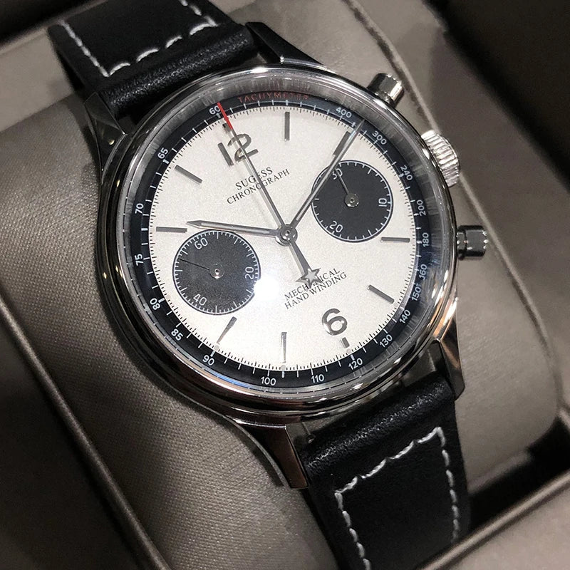 Sugess 1963 Pilot Watch Men Mechanical Chronograph Panda Wristwatch Air Force Sapphire Waterproof for Seagull Movement ST1901 v3