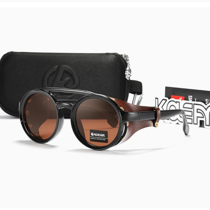 KDEAM Vintage Round Sunglasses Men Women Leather Shield Sun Glasses  Twin Bridge Designed Shade KD179