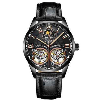 AILANG Double Tourbillon Design Business Men Mechanical Watch Fashion Leather Moon Phase Automatic Watches for Men Reloj Hombre