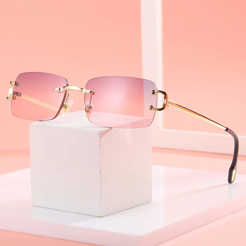 Kachawoo retro rectangular sunglasses rimless male female uv400 small sun glasses fashion blue pink gold metal birthday gifts