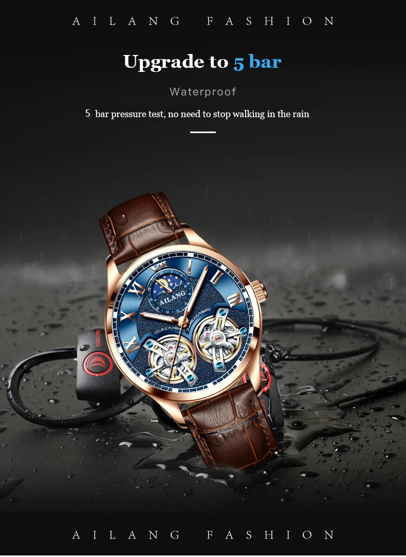 AILANG Double Tourbillon Design Business Men Mechanical Watch Fashion Leather Moon Phase Automatic Watches for Men Reloj Hombre