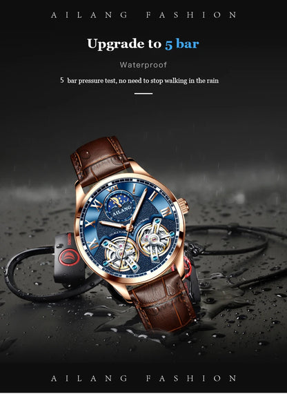 AILANG Double Tourbillon Design Business Men Mechanical Watch Fashion Leather Moon Phase Automatic Watches for Men Reloj Hombre