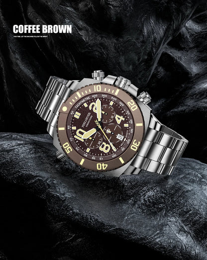 FeelNever Sport Automatic Movement Quartz Watch Stainless Steel Sapphire Crystal Watches for Men 500M Waterproof Clocks Watch for Men
