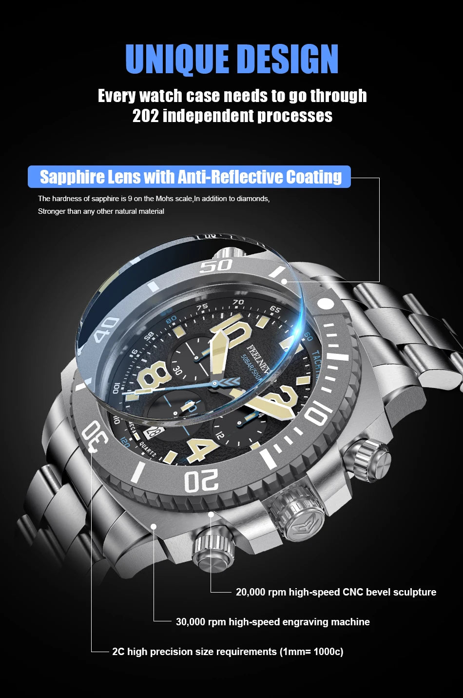 FeelNever Sport Automatic Movement Quartz Watch Stainless Steel Sapphire Crystal Watches for Men 500M Waterproof Clocks Watch for Men
