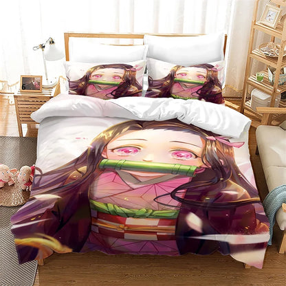 Nezuko Kamado Bedding Set Anime Demon Slayer Duvet Cover Comforter Bed Linen Single Twin Full Queen Size 3D Kids Girls Boys Gift