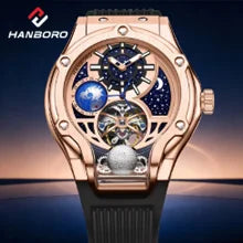 Mechanische Herrenuhr HANBORO – Automatikwerk, Wecker, Stundenschlag, wasserdicht bis 100 m, Saphirglas, Edelstahlgehäuse, elegantes und einzigartiges Design.