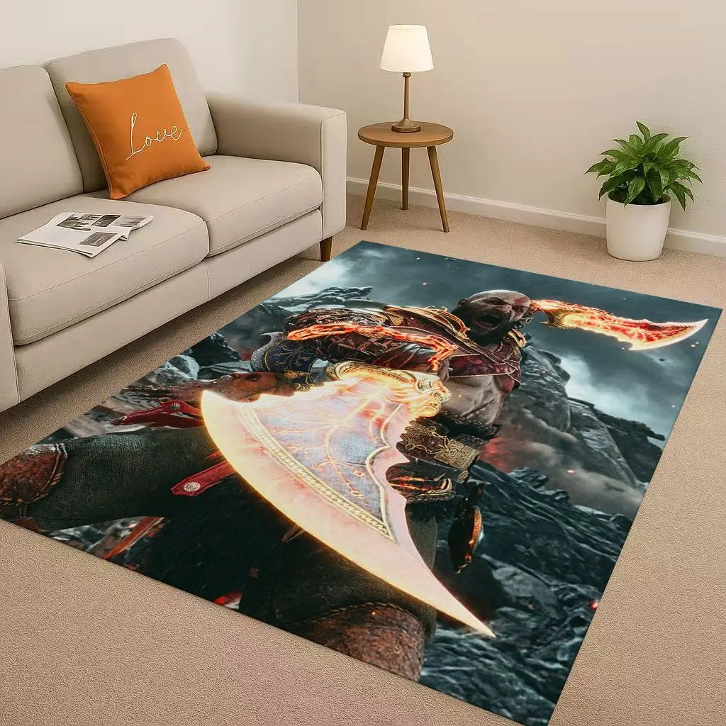 Game God of War Kratos Cartoon Gamer Living Room Non-Slip Area Rug Soft Carpet for Bedroom Playroom Sofa,Easy Clean Home Doormat