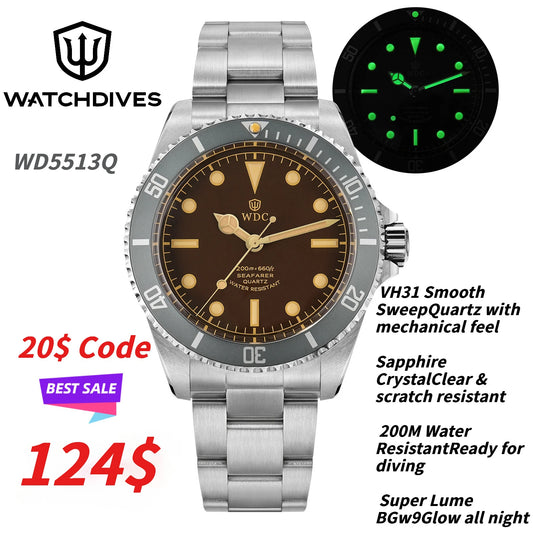 Watchdives WD5513Q 40mm Quartz Diver Watch VH31 Sweep Second Sapphire 200m Waterproof Steel Bracelet BGW9 Lume Mens Watch